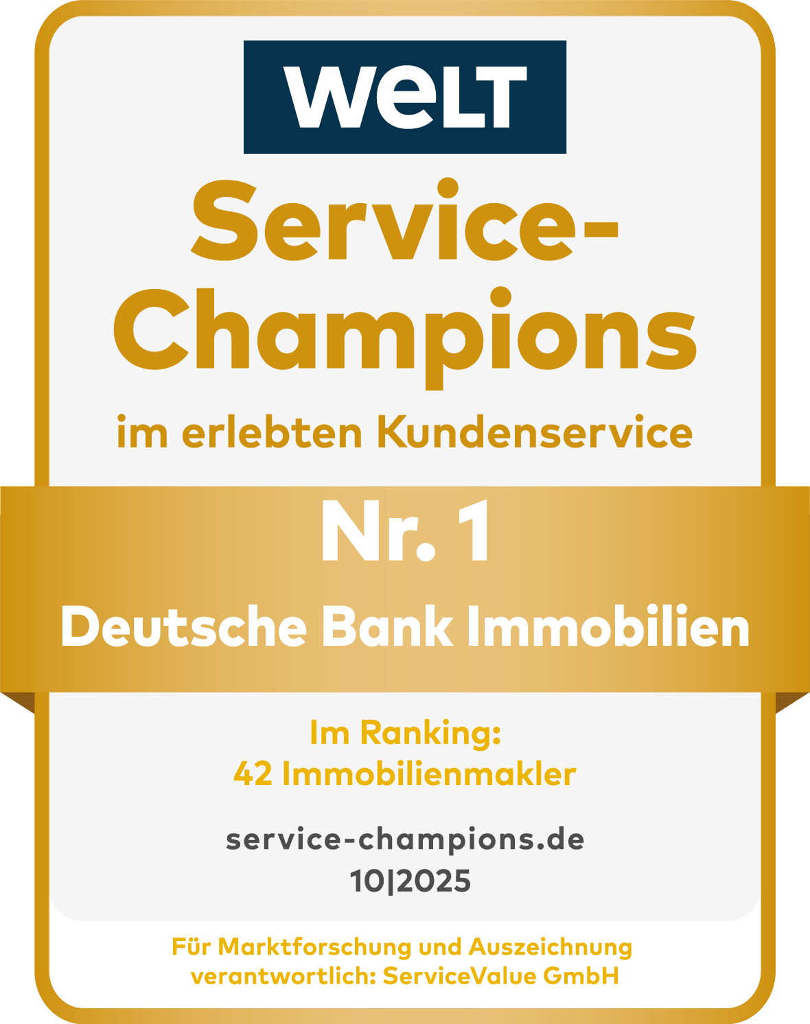 Aktuelle Auszeichnung Service Champion für Deutsche Bank Immobilien von "WELT"